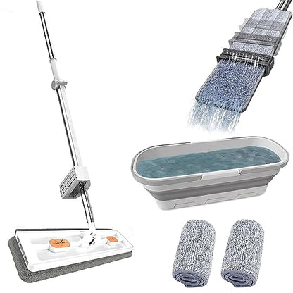 Self-Wringing Hands-Free Flat Mop with Foldable Bucket