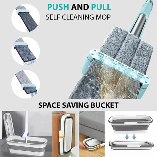 Self-Wringing Hands-Free Flat Mop with Foldable Bucket