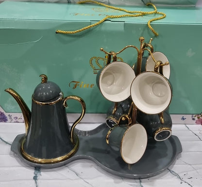 Fine Ceramic 9-Piece Tea Set with Cup Stand