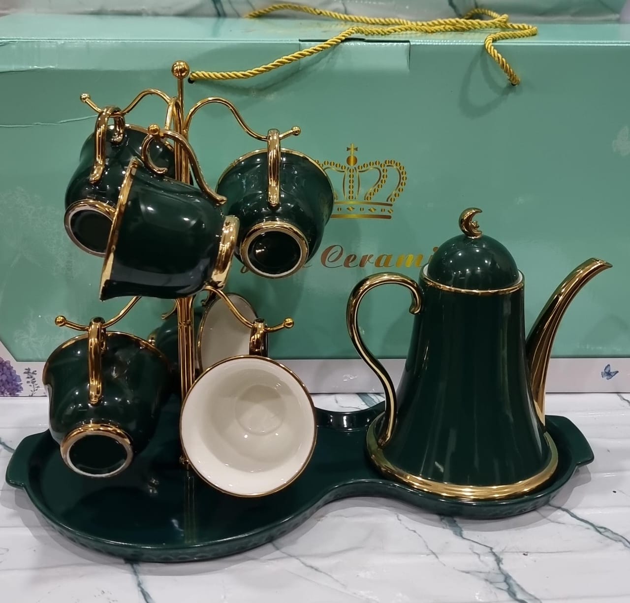Fine Ceramic 9-Piece Tea Set with Cup Stand