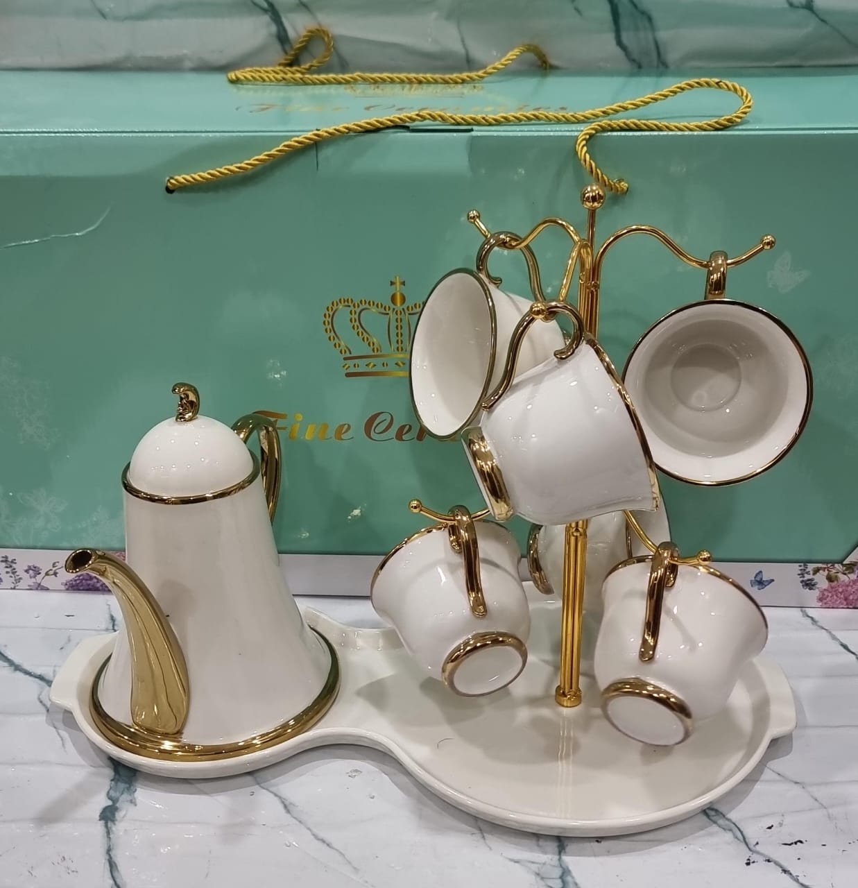 Fine Ceramic 9-Piece Tea Set with Cup Stand