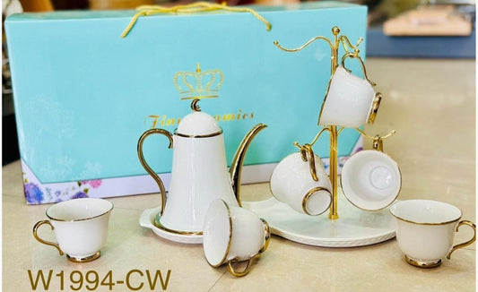 Fine Ceramic 9-Piece Tea Set with Cup Stand
