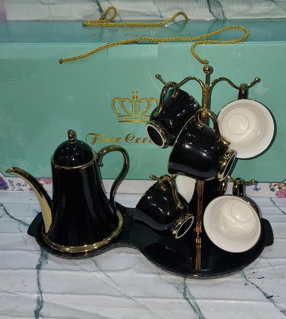 Fine Ceramic 9-Piece Tea Set with Cup Stand
