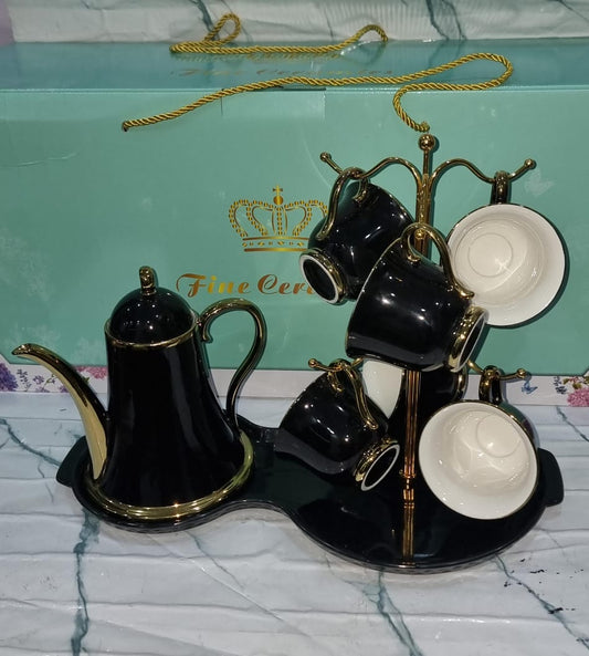 Fine Ceramic 9-Piece Tea Set with Cup Stand