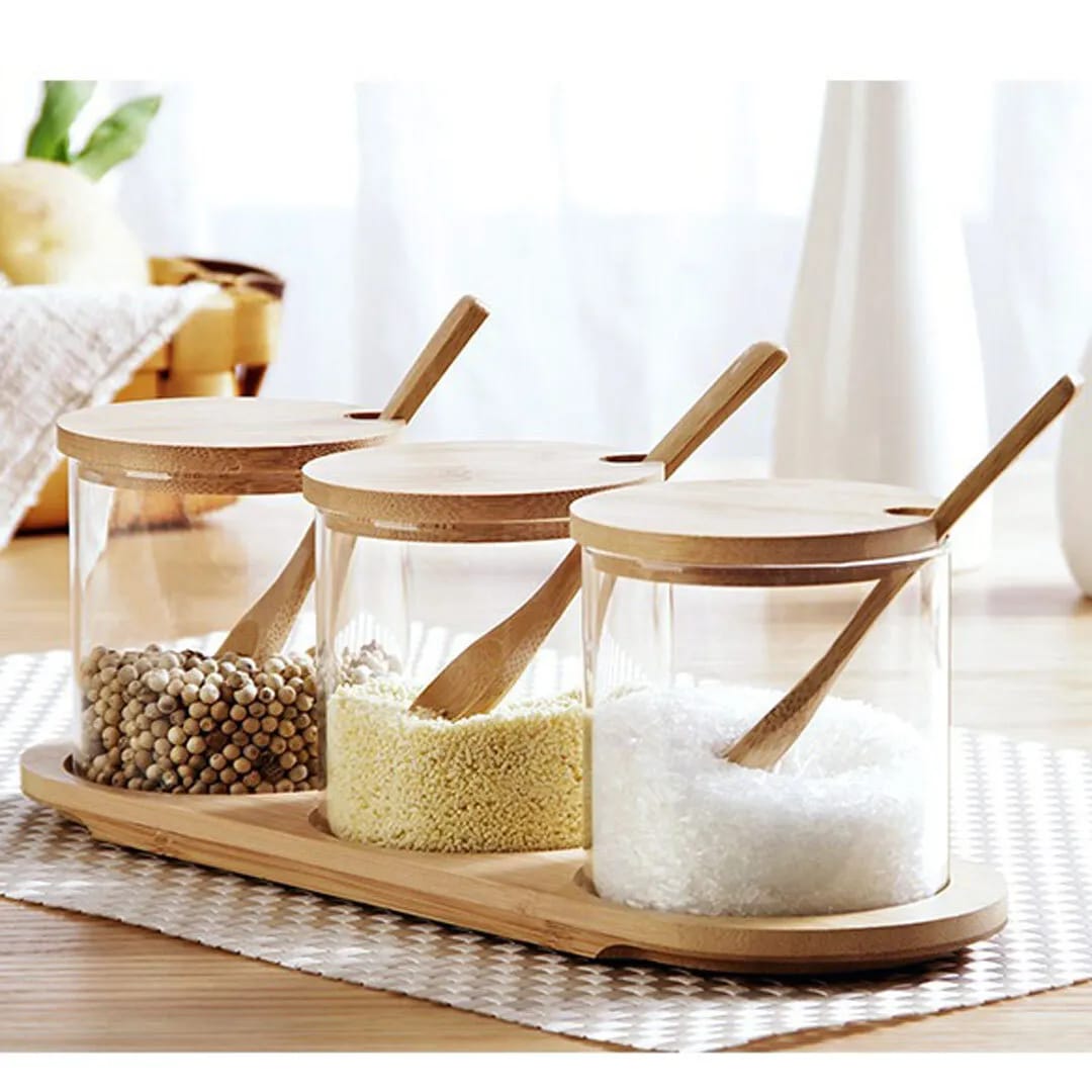 3-in-1 Glass Sugar Set with Bamboo Stand, Lids, and Spoons