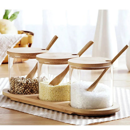 3-in-1 Glass Sugar Set with Bamboo Stand, Lids, and Spoons