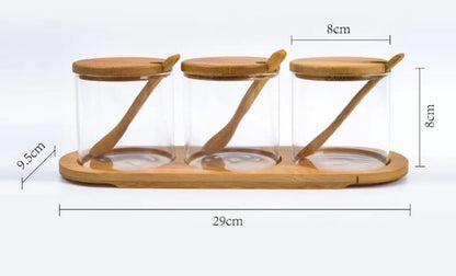 3-in-1 Glass Sugar Set with Bamboo Stand, Lids, and Spoons