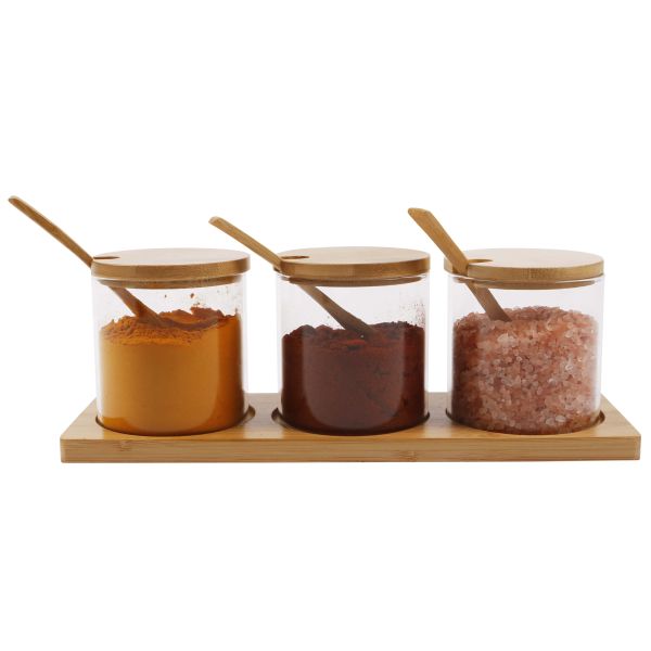 3-in-1 Glass Sugar Set with Bamboo Stand, Lids, and Spoons
