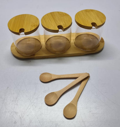 3-in-1 Glass Sugar Set with Bamboo Stand, Lids, and Spoons
