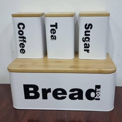 Bread Bin & Canister Set – 33x18x13cm Bin + 3x1300ml Bamboo-Lid Canisters