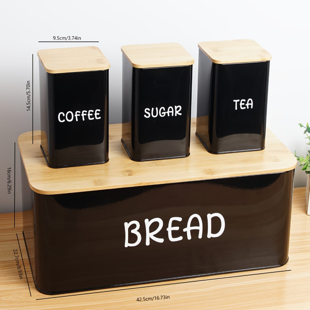 Bread Bin & Canister Set – 33x18x13cm Bin + 3x1300ml Bamboo-Lid Canisters