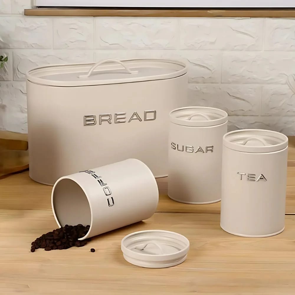 10L Galvanized Bread Bin Set – 34x19x21cm Bin + 3x1200ml Canisters