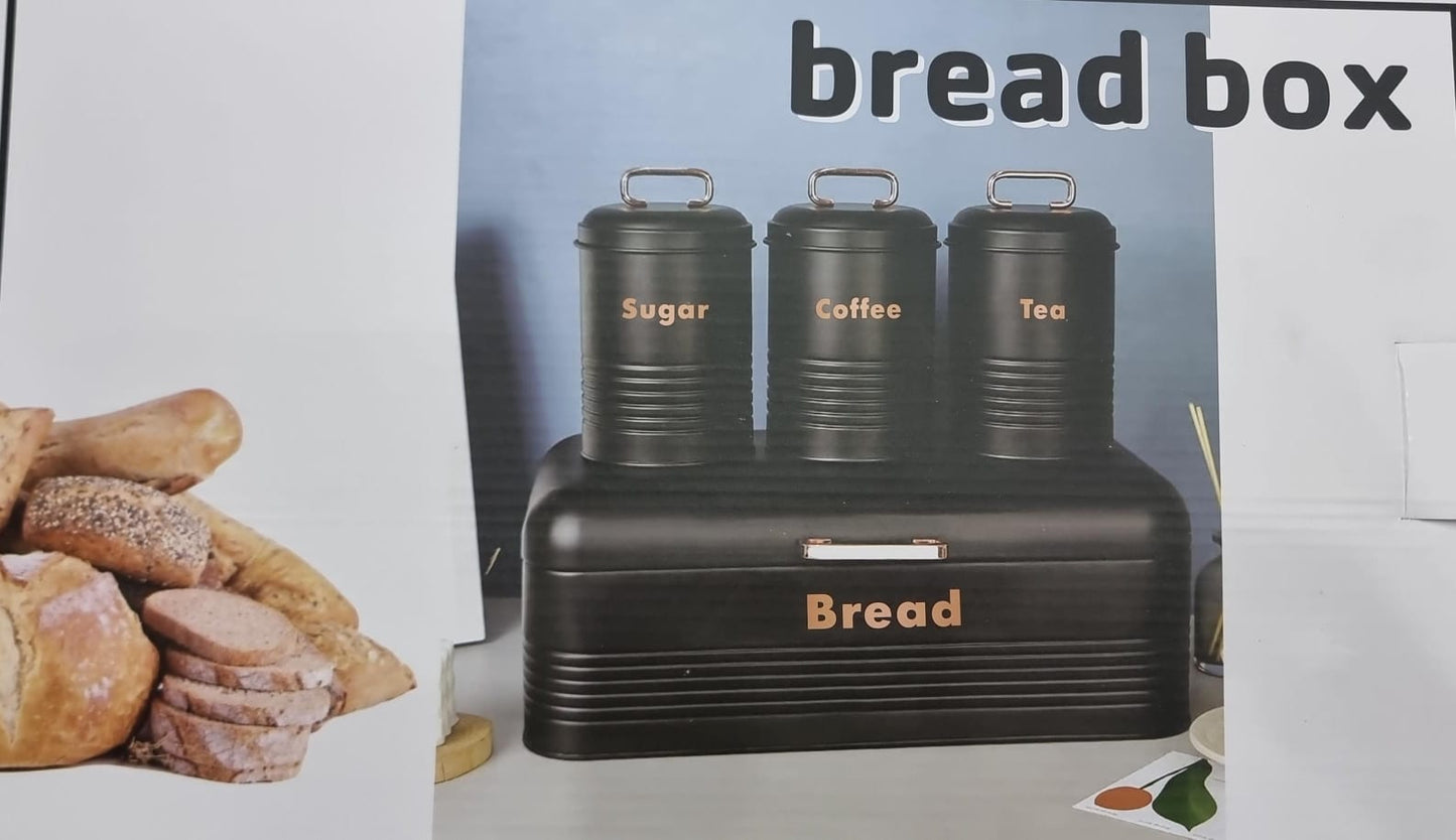 Galvanized Metal Bread Bin Set – 42x22x17cm Bin + 3x1200ml Canisters