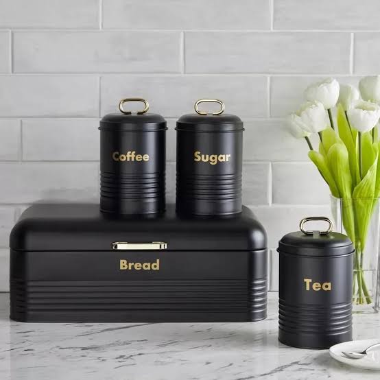 Galvanized Metal Bread Bin Set – 42x22x17cm Bin + 3x1200ml Canisters