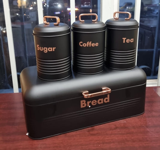 Galvanized Metal Bread Bin Set – 42x22x17cm Bin + 3x1200ml Canisters