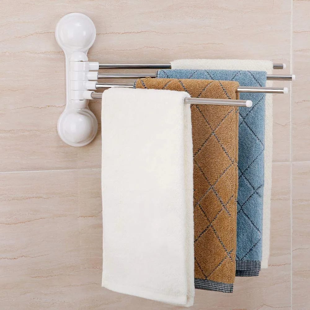 180° Swivel Towel Rack – 4 Arms, Wall Mount with Suction Cups