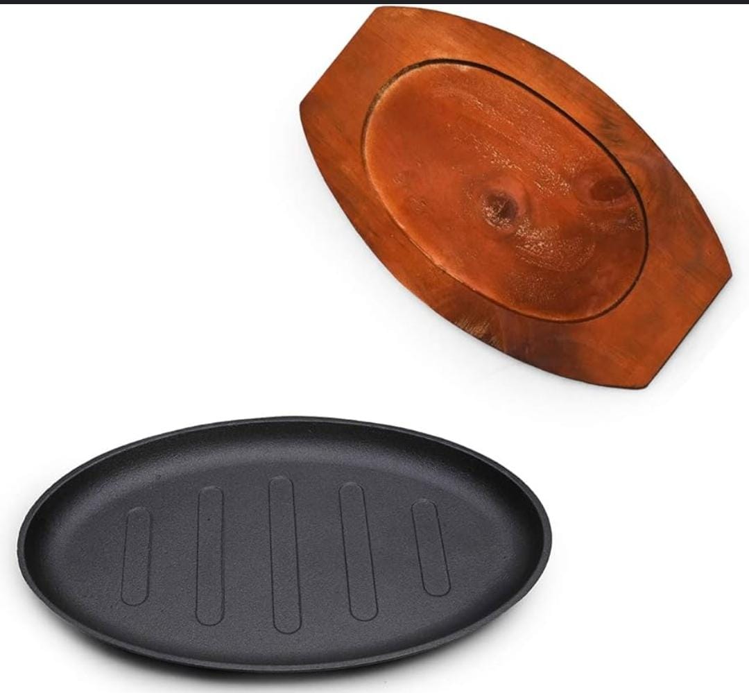 Cast Iron Hot Sizzling Plate with Wooden Base (Oval & Round)