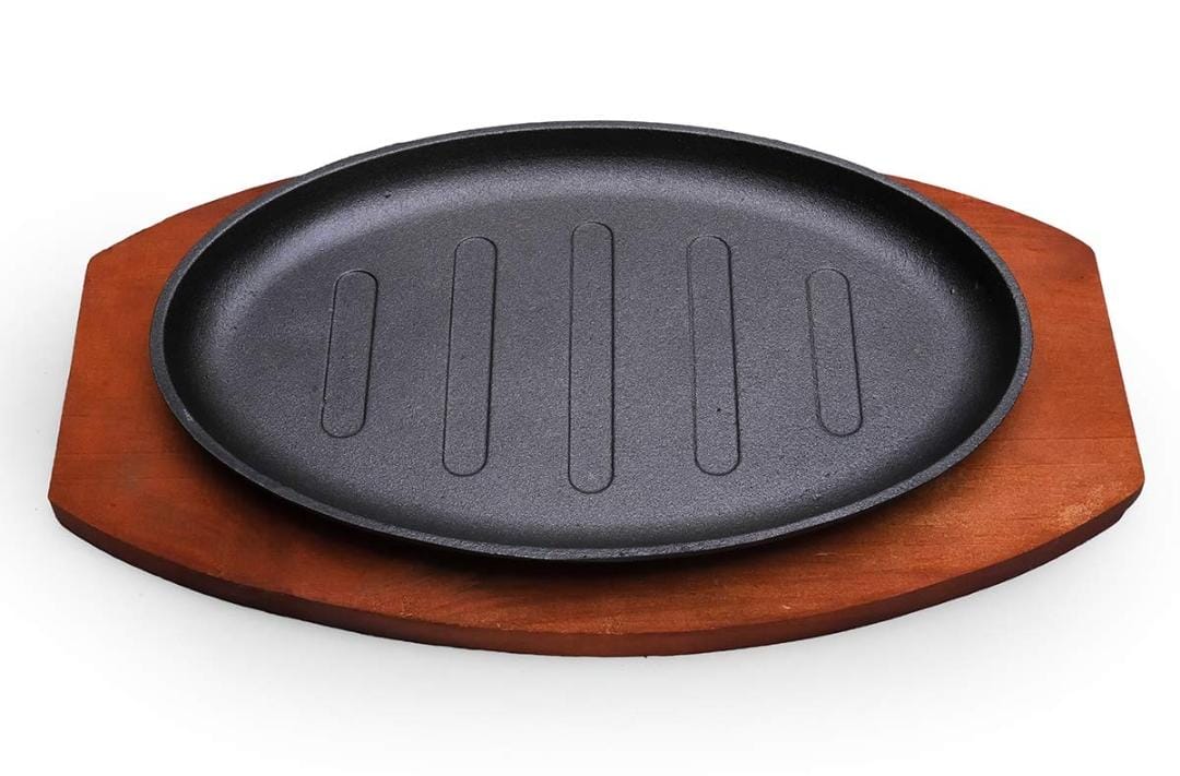 Cast Iron Hot Sizzling Plate with Wooden Base (Oval & Round)