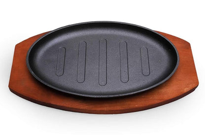 Cast Iron Hot Sizzling Plate with Wooden Base (Oval & Round)