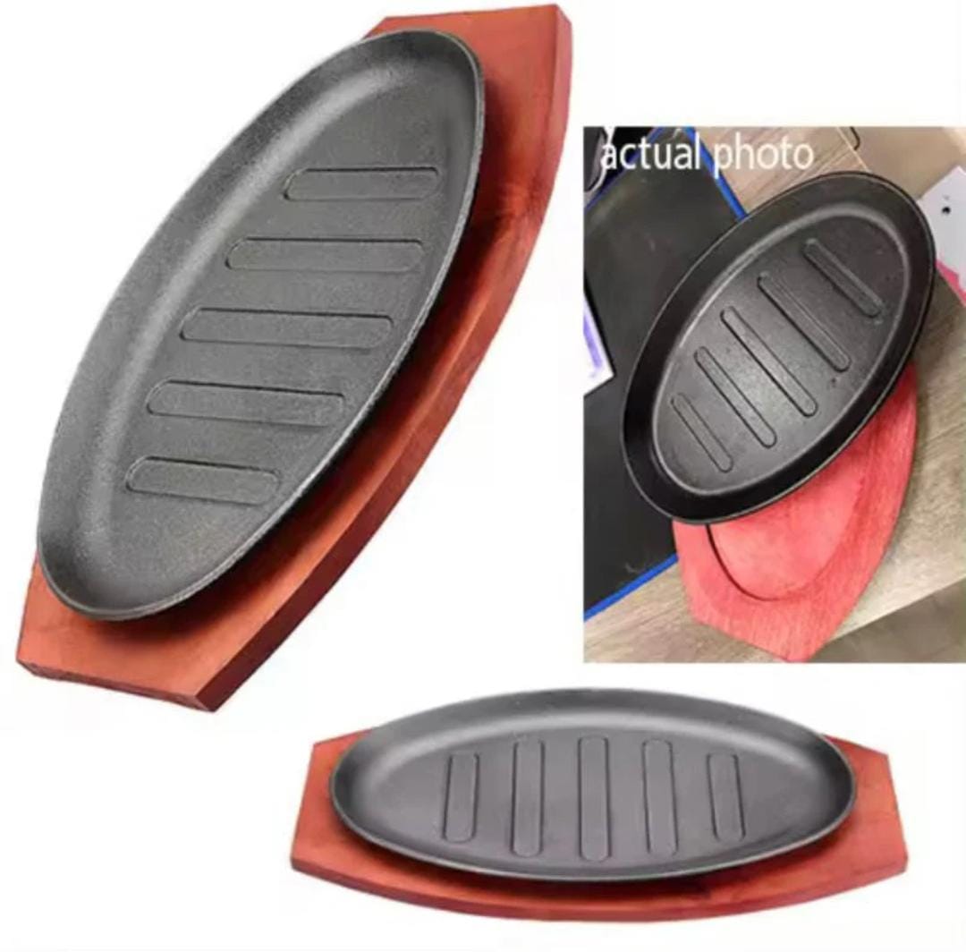 Cast Iron Hot Sizzling Plate with Wooden Base (Oval & Round)