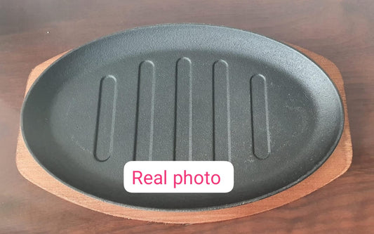Cast Iron Hot Sizzling Plate with Wooden Base (Oval & Round)
