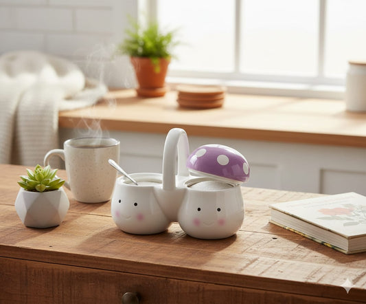 Twin Mushroom Ceramic Sugar Dish Set