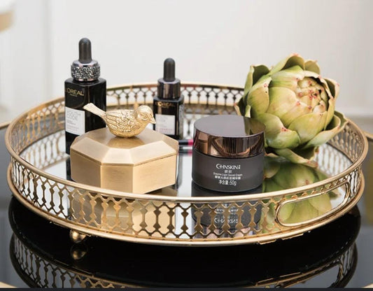 Vanity Decorative Gold Vintage Mirror Tray (Round / Rectangular)