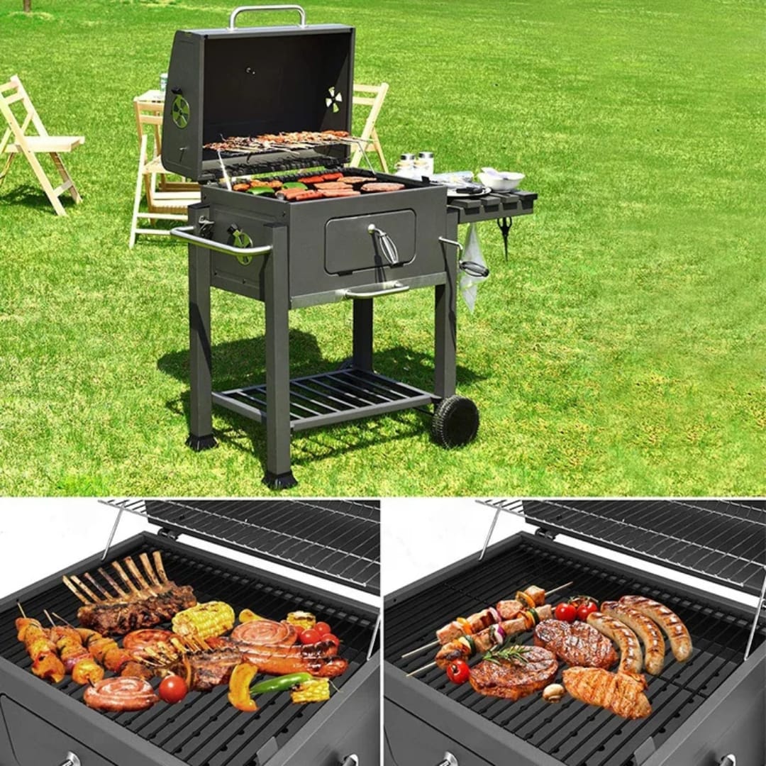 Outdoor Portable BBQ Grill – Large Charcoal Trolley with Adjustable Tray