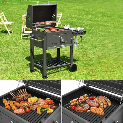 Outdoor Portable BBQ Grill – Large Charcoal Trolley with Adjustable Tray