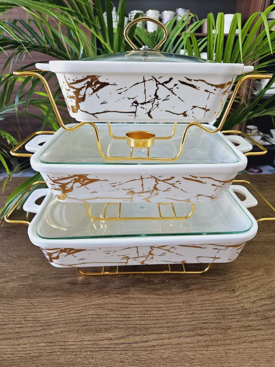 3-Piece Ceramic Chafing Dish Set with Stands