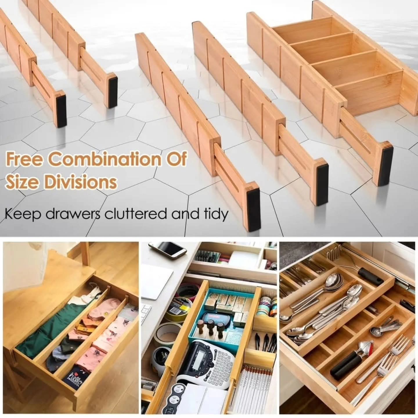 4-Piece Adjustable Bamboo Drawer Divider Set with Inserts