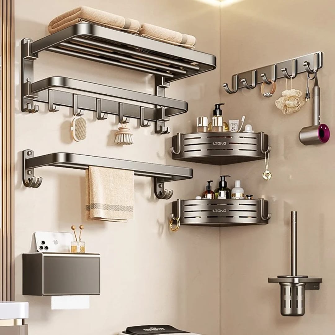 7-Piece Black Multifunctional Aluminum Bath Towel Storage Rack Set