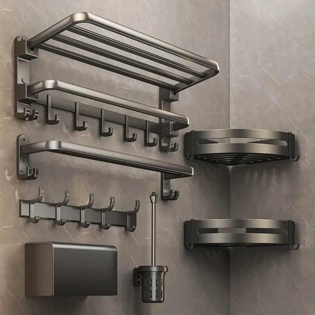 7-Piece Black Multifunctional Aluminum Bath Towel Storage Rack Set