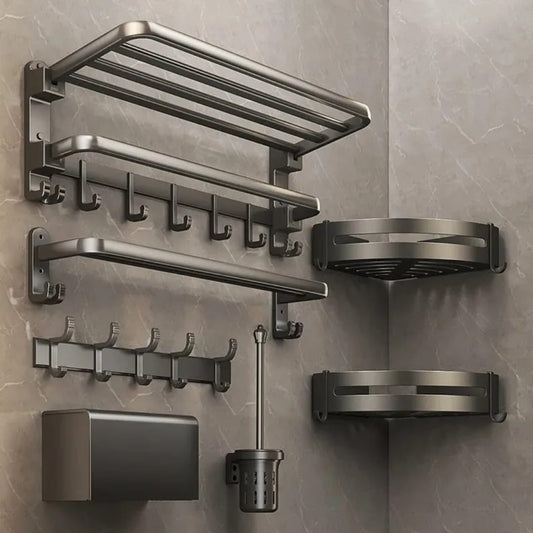 7-Piece Black Multifunctional Aluminum Bath Towel Storage Rack Set