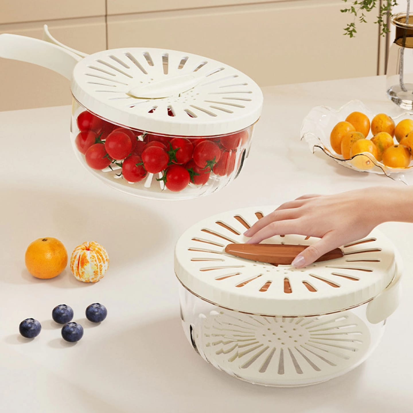 Multi-Functional Foldable-Handle Food Drainer & Storage Container