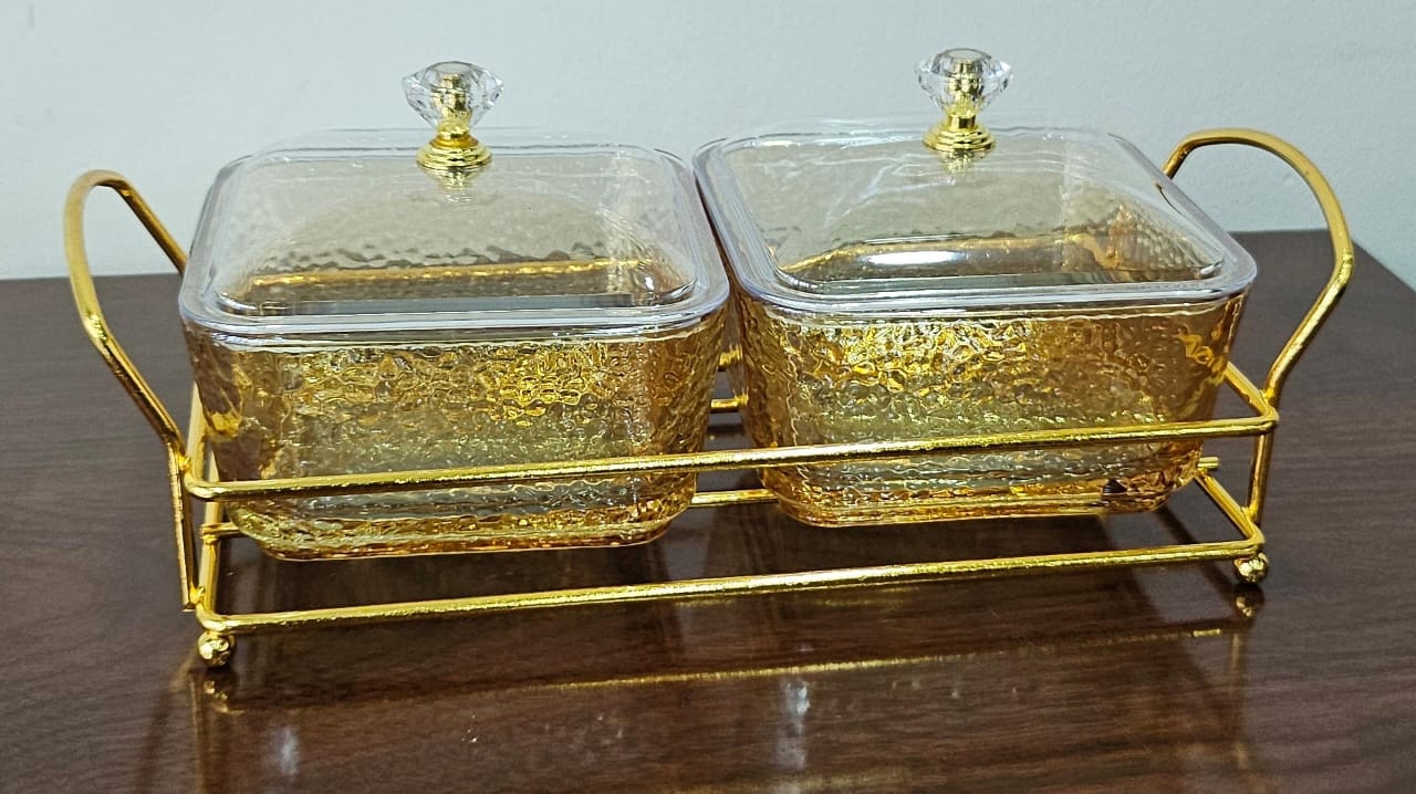2-in-1 Heavy Glass Golden Sugar Dish Set with Luxury Gold Frame – 200ml Canisters