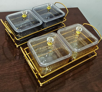 2-in-1 Heavy Glass Golden Sugar Dish Set with Luxury Gold Frame – 200ml Canisters