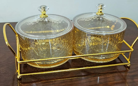 2-in-1 Heavy Glass Golden Sugar Dish Set with Luxury Gold Frame – 200ml Canisters