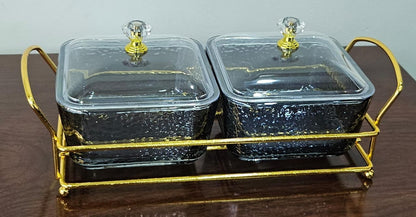 2-in-1 Heavy Glass Golden Sugar Dish Set with Luxury Gold Frame – 200ml Canisters