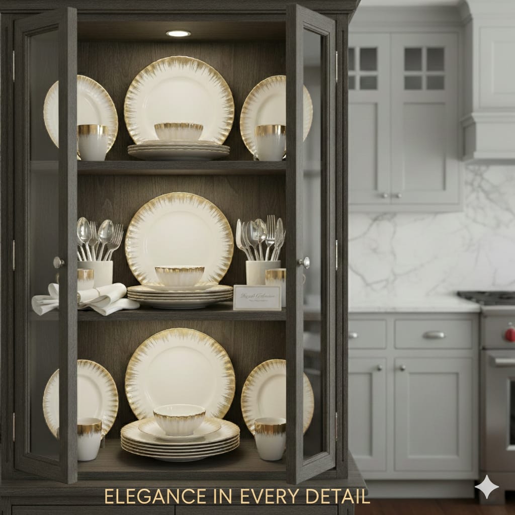 Shell Ceramic Dinner Set with Gold Detail – White
