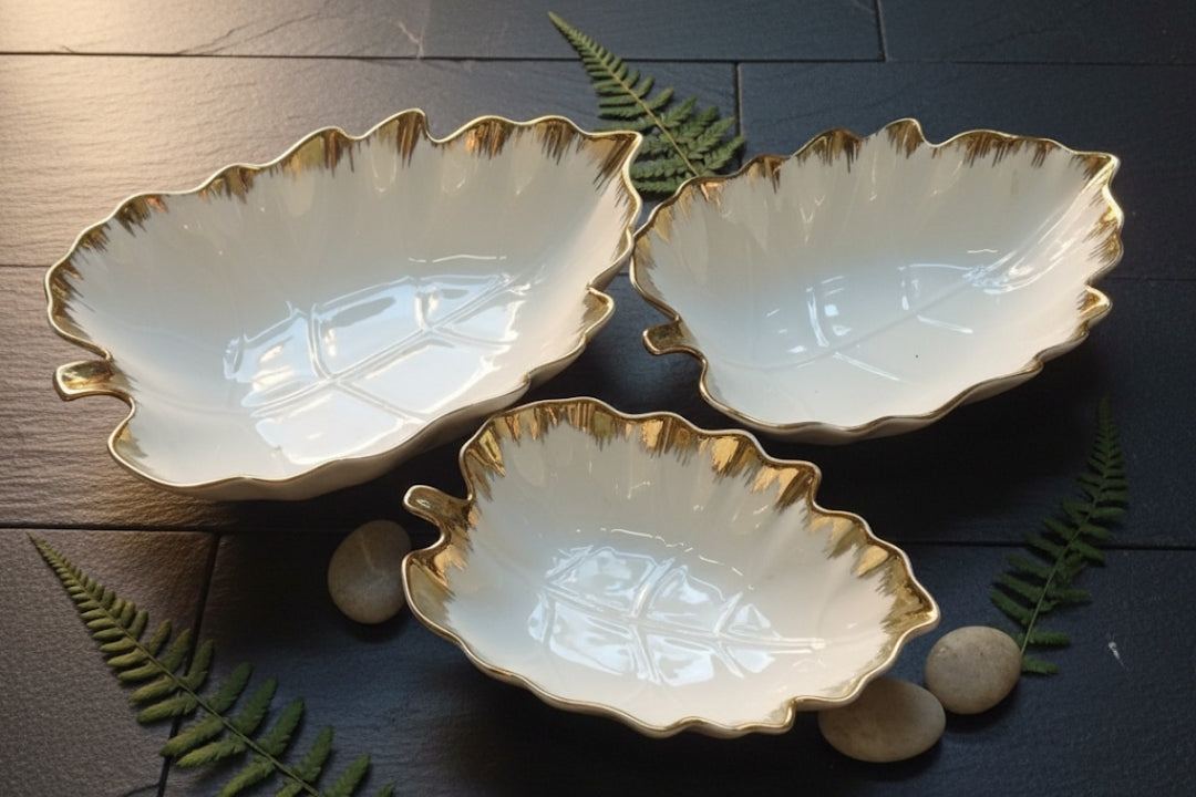 3-Piece Gilded Leaf Ceramic Bowl Set – White & Gold