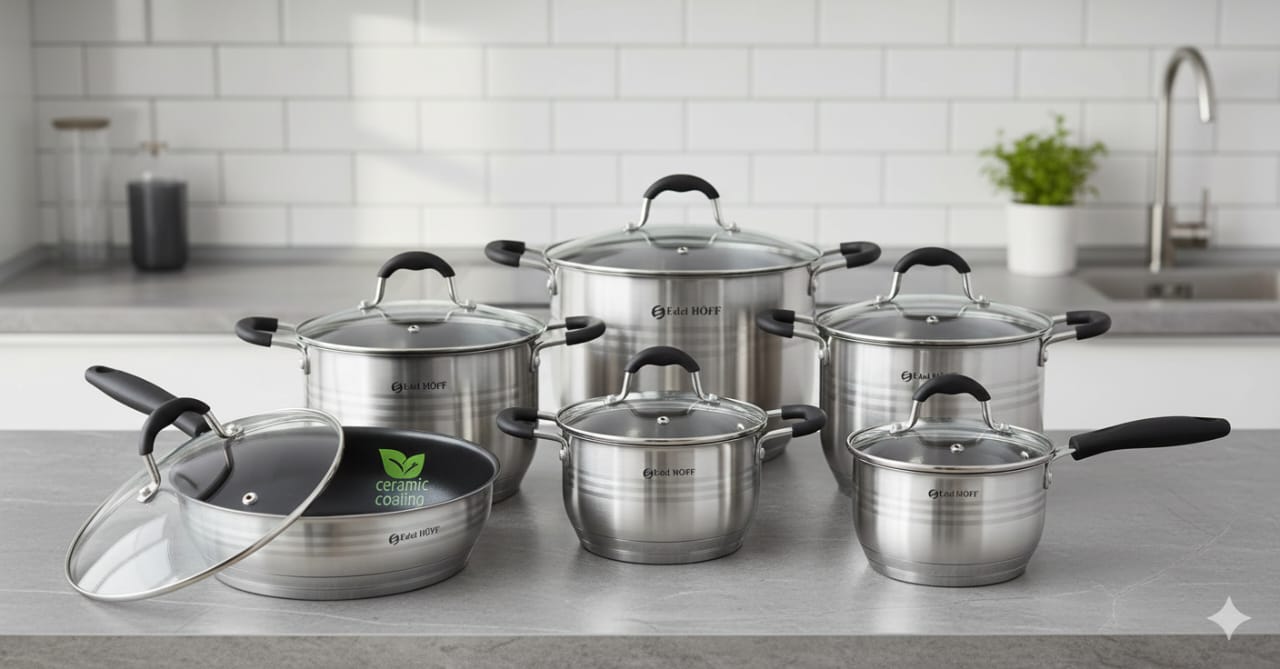 Edel Hoff 12-Piece Stainless Steel Cookware Set with Glass Lids