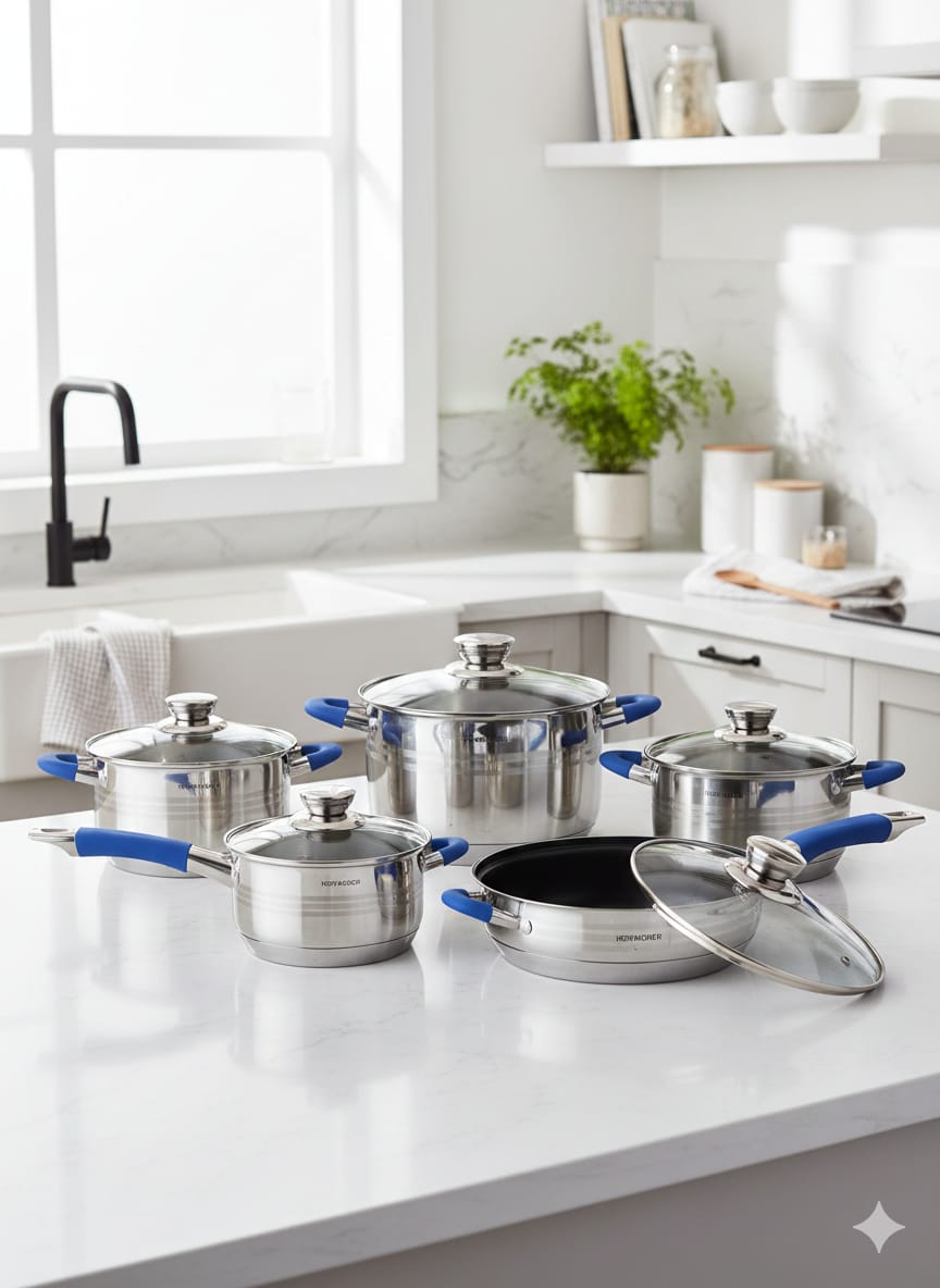 Hoffavorer 12-Piece Stainless Steel Cookware Set with Silicon Handles