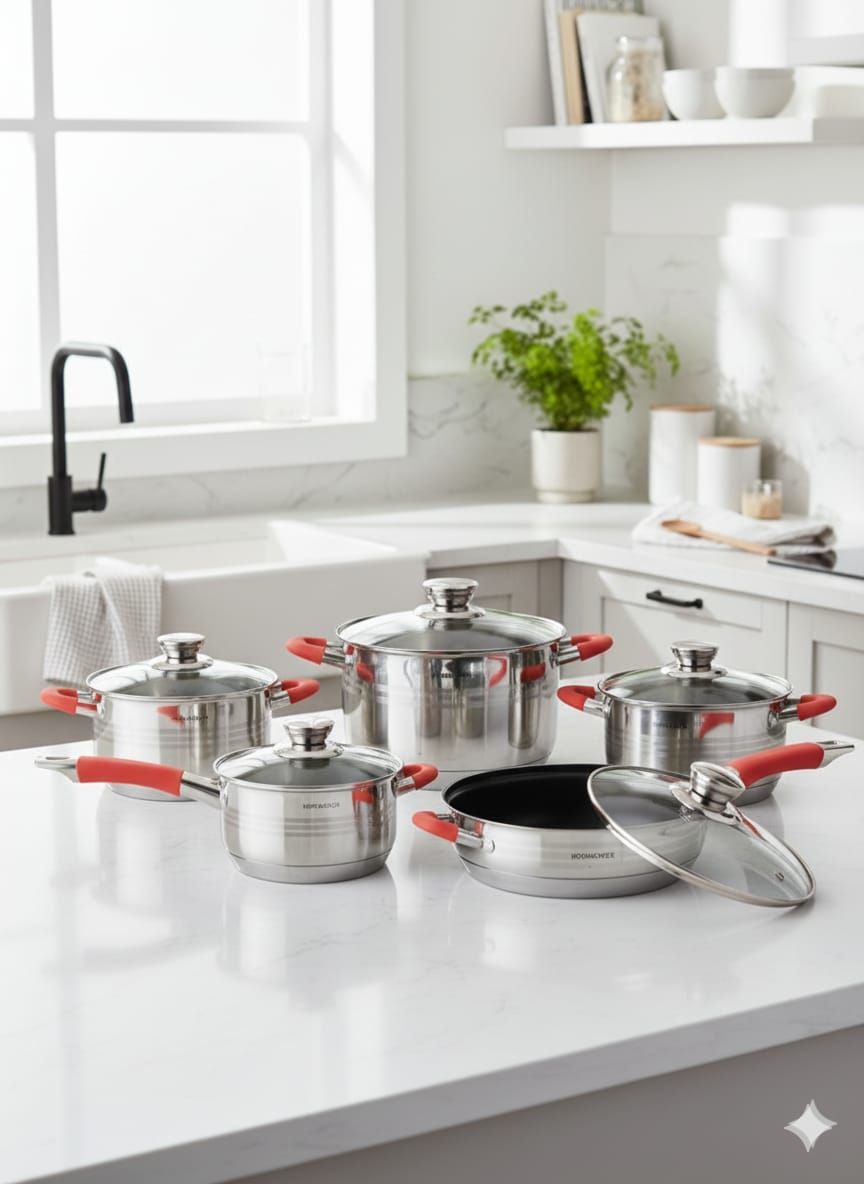 Hoffavorer 12-Piece Stainless Steel Cookware Set with Silicon Handles