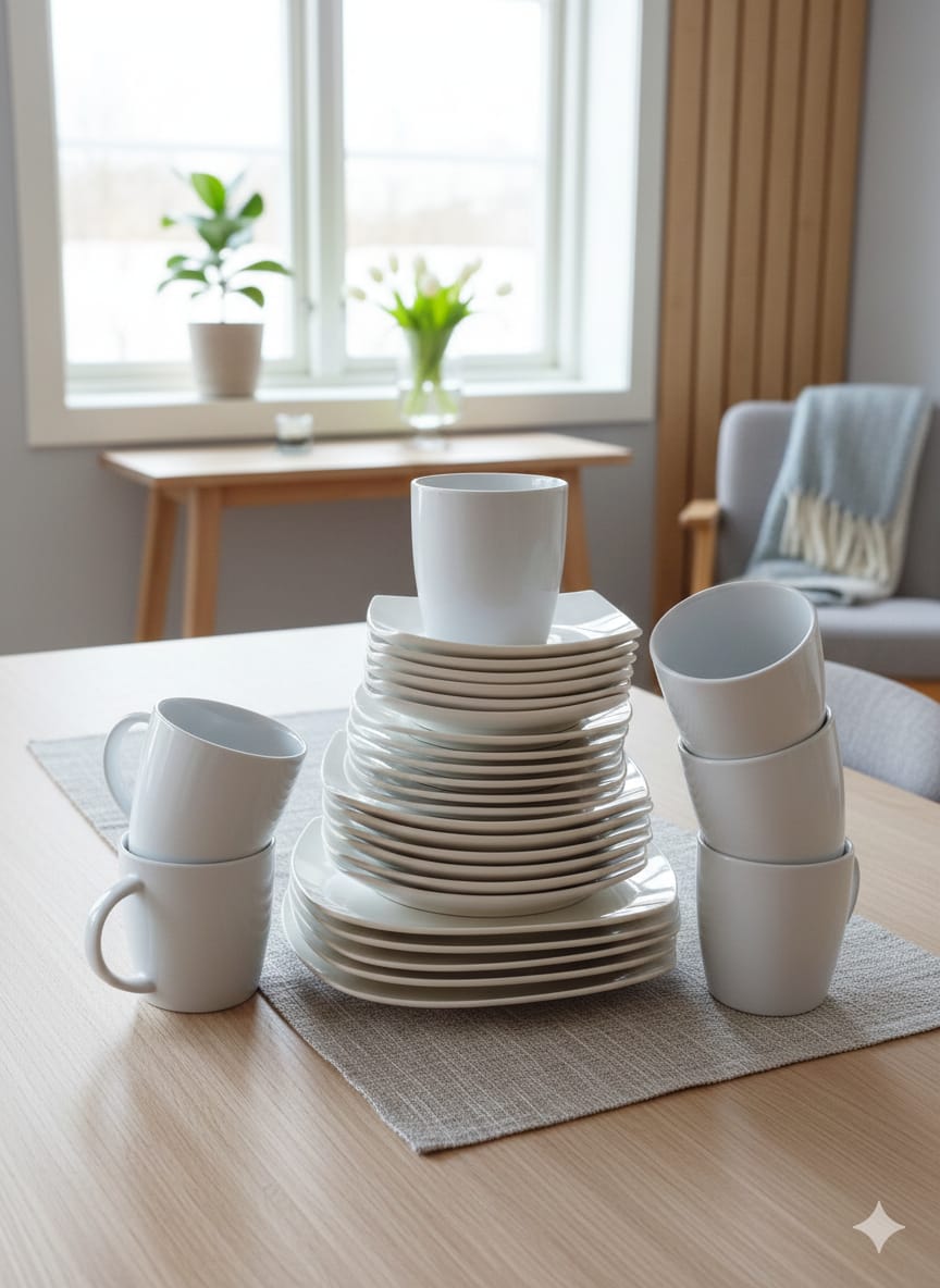 30-Piece Ceramic Square Plain White Dinner Set