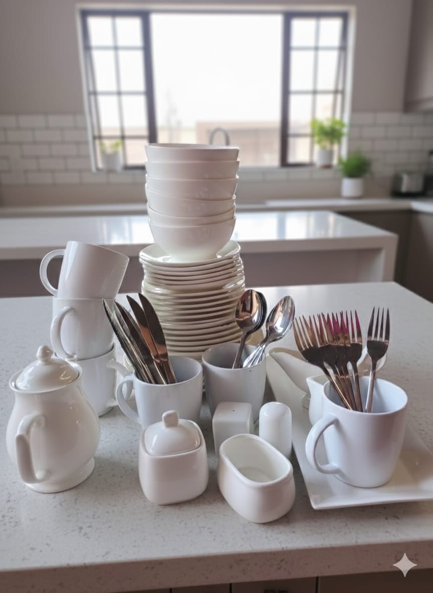 62-Piece Ceramic Square Plain White Dinner Set