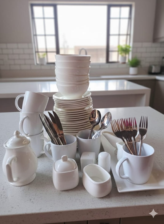 62-Piece Ceramic Square Plain White Dinner Set