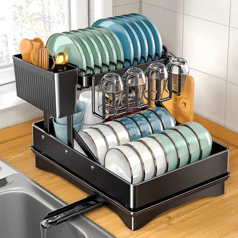 2-Tier Foldable Dish Drying Rack with Drip Tray