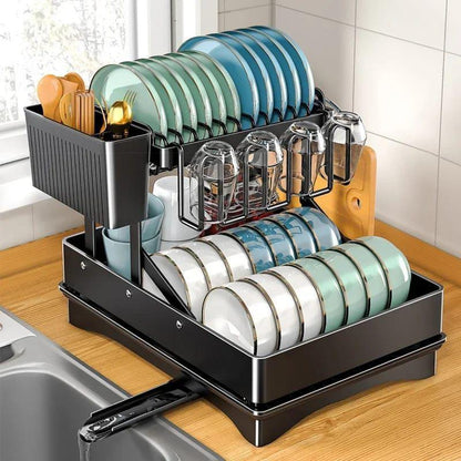 2-Tier Foldable Dish Drying Rack with Drip Tray