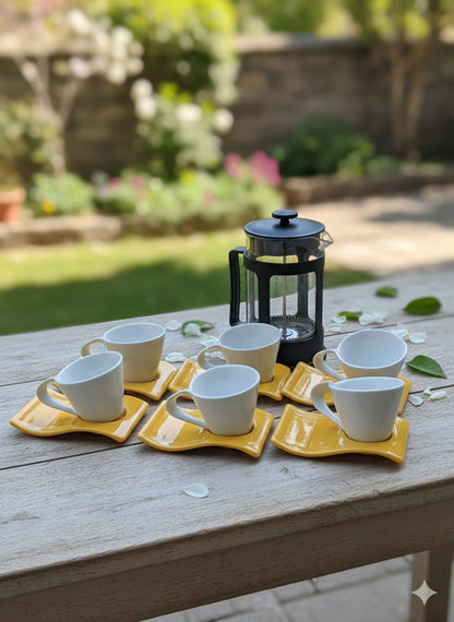 French Press Coffee Set with Colorful Espresso Cup & Saucer